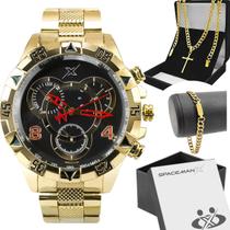 Relogio Masculino Aço Dourado + Caixinha analogico casual ponteiro mostrador preto religioso presente original pesado Relogio Masculino Aço Dourado + Caixinha analogico casual ponteiro mostrador preto religioso presente original pesado