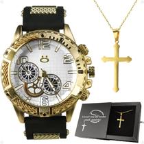 Relogio Masculino Aço Dourado + Cordao Crucifixo oração pai nosso social ajustavel original presente