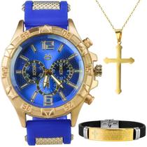 Relógio Masculino Aço Dourado + Pulseira + Cordão Inoxidável Silicone Azul Robusto Social