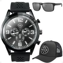 Relogio masculino aço inox + boné + oculos sol proteção uv silicone social preto presente original ajustável casual Relogio masculino aço inox + boné + oculos sol proteção uv silicone social preto presente original ajustável casual