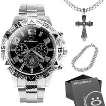 Relogio masculino aço inox + caixa + pulseira preto casual original analogico social presente