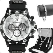 relogio masculino aço inox + cordão crucifixo + pulseira preto spaceman cruz fina presente original
