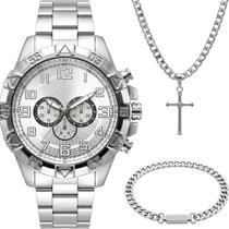 Relogio Masculino Aço Inox + Cordão Cruz + Pulseira Grumet dragon dragao presente casual religioso robusto original