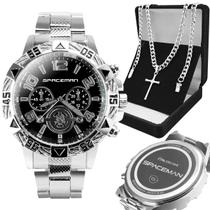 Relogio masculino aço inox + cordão cruz + pulseira grumet preto religioso analogico casual presente