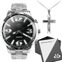 Relógio Masculino Aço Inox + Cordão Pingente Cruz + Caixa - Orizom