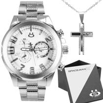relogio masculino aço inox + cordão pingente cruz + caixa religioso social inoxidável presente qualidade premium casual