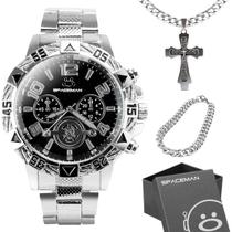 relogio masculino aço inox + corrente + caixa + cordão original presente social analogico preto casual