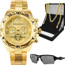 Relogio Masculino Aco Inox Dourado + Corrente + Oculos Sol grande protecao uv banhado grumet original cordao preto