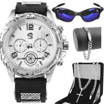 Relogio masculino aço inox + oculos sol + cordão + pulseira silicone proteção uv original religioso social presente