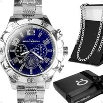 Relógio Masculino Aço Inox Prata + Cordão Crucifixo