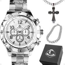 relogio masculino aço inox prata + cordão + pulseira grumet casual original analogico religioso presente catolico caixa