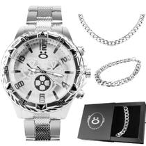 relogio masculino aço inox prata + corrente aço + pulseira + caixa social original analogico casual presente
