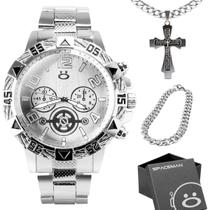 Relogio Masculino Aço Inox Prata + Pulseira Grumet + Cordão Relogio Masculino Aço Inox Prata + Pulseira Grumet + Cordão