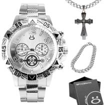 Relogio Masculino Aço Inox Prata + Pulseira Grumet + Cordão