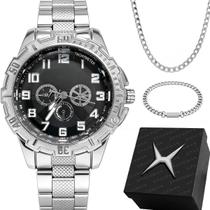 relogio masculino aco inox + pulseira caixa + cordao grumet trabalho grande qualidade premium ponteiro vintage moda