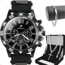 Relogio Masculino Aço Inox + Pulseira + Corrente Cruz robusto grande qualidade premium pesado presente original Relogio Masculino Aço Inox + Pulseira + Corrente Cruz robusto grande qualidade premium pesado presente original