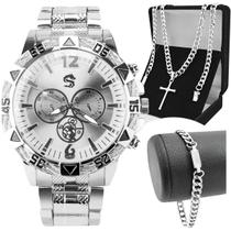 relogio masculino aço inox + pulseira grumet + cordão cruz casual presente social analogico religioso qualidade premium