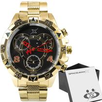 Relogio masculino aço inoxidavel dourado + caixa premium original social casual analogico pesado