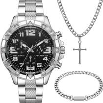 Relogio Masculino Aço Prata + Cordão Crucifixo + Pulseira catolico aço inoxidável inoxidavel social grumet original
