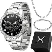 Relogio Masculino Aço Prata + Cordão + Pulseira + Caixa mostrador preto analogico casual qualidade premium grande social