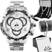 relogio masculino aço prata + pulseira + cordão analogico casual grande inoxidável ponteiro social original presente