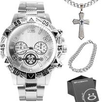 Relogio masculino aço prata + pulseira + cordão cruz + caixa robusto qualidade premium social pesado - Orizom