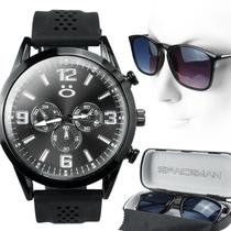relogio masculino aço preto + case + oculos sol proteçao uv analogico casual original social presente ajustavel