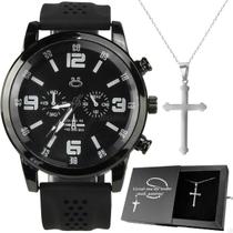 Relogio Masculino Aço Preto + Colar Crucifixo + Caixa Black