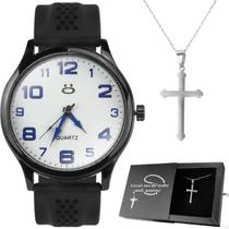 Relogio Masculino Aço Preto + Colar Crucifixo + Caixa oração pai nosso robusto presente prateado inoxidável pesado preto