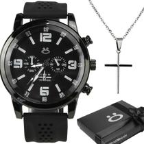 relogio masculino aço preto + cordao crucifixo robusto ajustavel prateado religioso social ponteiro qualidade premium relogio masculino aço preto + cordao crucifixo robusto ajustavel prateado religioso social ponteiro qualidade premium