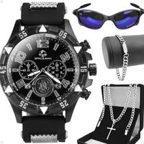relogio masculino aço preto + cordão + oculos sol + pulseira presente silicone original casual qualidade premium social relogio masculino aço preto + cordão + oculos sol + pulseira presente silicone original casual qualidade premium social