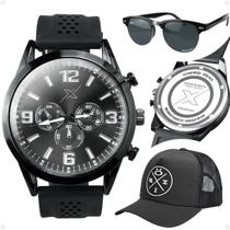 relogio masculino aço preto + oculos proteção uv + bone trucker analogico preto pulseira ajustável original presente relogio masculino aço preto + oculos proteção uv + bone trucker analogico preto pulseira ajustável original presente
