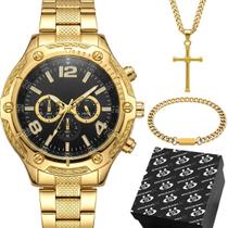 relogio masculino aço + pulseira + caixa + corrente mostrador preto casual religioso pesado ponteiro grande original relogio masculino aço + pulseira + caixa + corrente mostrador preto casual religioso pesado ponteiro grande original