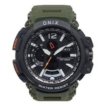 Relógio Masculino AnaDigi Onix OX124 Resistente à água 5 ATM Preto Caixa em Resina Pulseira de Plástico Verde Visor Acrílico Redondo Fivela Bateria