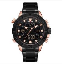 Relógio masculino anadigi preto rose weide 8503 inox casual