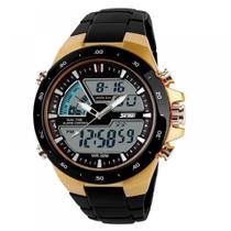 Relógio Masculino AnaDigi Skmei 1016 Resistente à água 5 ATM Caixa em Resina Dourado Pulseira de Plástico Preto Visor Acrílico Redondo Dobrável com
