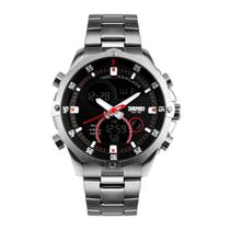 Relógio Masculino AnaDigi Skmei 1146 Resistente à água 3 ATM Preto Caixa em Metal Prata Pulseira de Aço Visor Cristal Mineral Redondo Dobrável com Relógio Masculino AnaDigi Skmei 1146 Resistente à água 3 ATM Preto Caixa em Metal Prata Pulseira de Aço Visor Cristal Mineral Redondo Dobrável com
