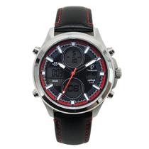 Relógio Masculino AnaDigi Tuguir Infinity GCS-1273 Resistente à água 5 ATM Cinza Caixa em Aço Prata Pulseira de Couro Preto Visor Cristal Mineral