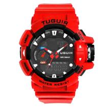 Relógio Masculino AnaDigi Tuguir TG250 Resistente à água 5 ATM Preto Caixa em Resina Vermelho Pulseira de Plástico Visor Acrílico Redondo Fivela