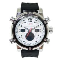 Relógio Masculino AnaDigi Weide WH-5205 Resistente à água 3 ATM Caixa em Metal Prata Pulseira de Silicone Preto Visor Cristal Mineral Redondo Fivela