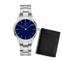 Relógio Masculino Analógico Azul 40mm + Carteira Couro Preta New Port