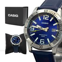 Relógio Masculino Analógico Casio Prata Couro Azul Original Prova D'água Garantia 1 ano