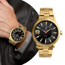 Relógio Masculino Analógico de Pulso com Caixa e Pulseira de Aço Inoxidável Dourado e Preto Social Casual Luxo Elegante Tuguir