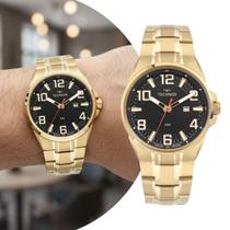 Relógio Masculino Analógico de Pulso Dourado e Preto com Caixa e Pulseira de Aço Inoxidável à Prova D Água Luxo Casual e Social Technos Relógio Masculino Analógico de Pulso Dourado e Preto com Caixa e Pulseira de Aço Inoxidável à Prova D Água Luxo Casual e Social Technos