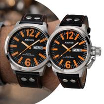 Relógio Masculino Analógico de Pulso Laranja e Preto com Pulseira de Couro à Prova D Água Luxo Elegante Casual Social Magnum