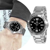 Relogio Masculino Analógico De Pulso Movimento Quartzo com Caixa e Pulseira de Aço Inoxidável Prata e Preto Luxo Linha Premium Infinity Tuguir