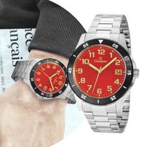 Relógio Masculino Analógico de Pulso Movimento Quartzo com Caixa e Pulseira de Aço Inoxidável Resistente à Água 5 ATM Prata e Vermelho Luxo Champion