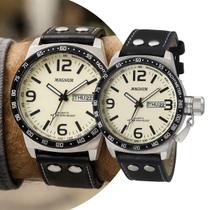 Relógio Masculino Analógico de Pulso Preto e Bege Grande Robusto com Pulseira de Couro à Prova D Água Luxo Elegante Casual Social Magnum