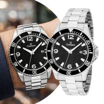 Relógio Masculino Analógico de Pulso Preto e Prata com Caixa e Pulseira de Aço Inoxidável à Prova D Água Casual e Social Champion