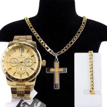 Relógio Masculino Analógico Original Dourado Prova Agua Kit Colar + Pulseira crucifixo - Orizom